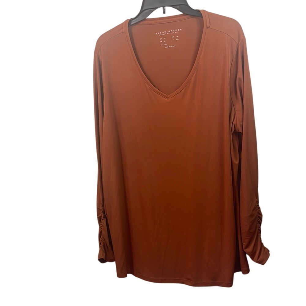 Susan Graver Modern Essentials Top Long Sleeve V Neck Ruched Cuff‎ Brown 2XL